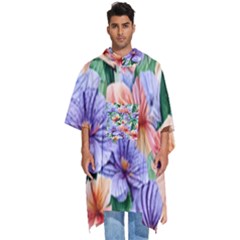 Amazing Watercolor Flowers Men s Hooded Rain Ponchos