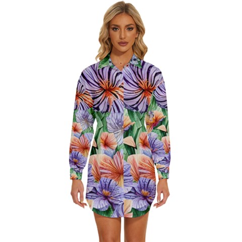 Amazing Watercolor Flowers Womens Long Sleeve Shirt Dress by GardenOfOphir