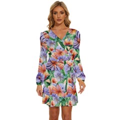 Amazing Watercolor Flowers Long Sleeve Waist Tie Ruffle Velvet Dress