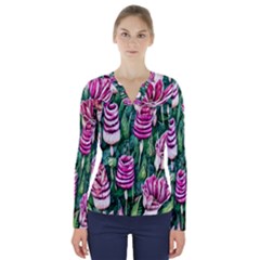 Attractive Watercolor Flowers V-neck Long Sleeve Top by GardenOfOphir