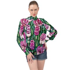 Attractive Watercolor Flowers High Neck Long Sleeve Chiffon Top by GardenOfOphir