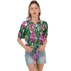 Attractive Watercolor Flowers Tie Front Shirt  by GardenOfOphir