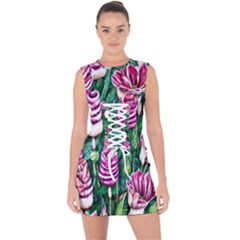 Attractive Watercolor Flowers Lace Up Front Bodycon Dress by GardenOfOphir