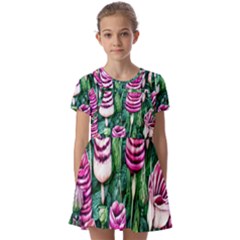 Attractive Watercolor Flowers Kids  Short Sleeve Pinafore Style Dress