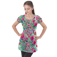 Bounty Of Brilliant Blooming Blossoms Puff Sleeve Tunic Top by GardenOfOphir