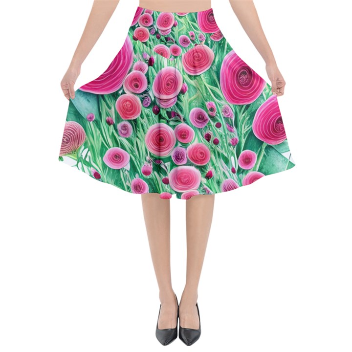 Bounty Of Brilliant Blooming Blossoms Flared Midi Skirt