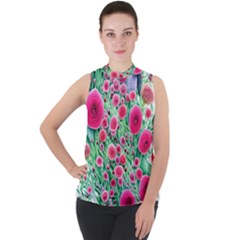 Bounty Of Brilliant Blooming Blossoms Mock Neck Chiffon Sleeveless Top by GardenOfOphir