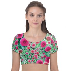 Bounty Of Brilliant Blooming Blossoms Velvet Short Sleeve Crop Top  by GardenOfOphir