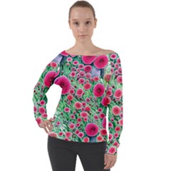 Bounty Of Brilliant Blooming Blossoms Off Shoulder Long Sleeve Velour Top by GardenOfOphir