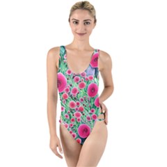 Bounty Of Brilliant Blooming Blossoms High Leg Strappy Swimsuit by GardenOfOphir