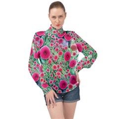 Bounty Of Brilliant Blooming Blossoms High Neck Long Sleeve Chiffon Top by GardenOfOphir