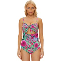 Bounty Of Brilliant Blooming Blossoms Knot Front One-piece Swimsuit by GardenOfOphir