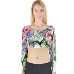 Captivating Coral Blooms Long Sleeve Crop Top by GardenOfOphir