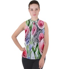 Captivating Coral Blooms Mock Neck Chiffon Sleeveless Top by GardenOfOphir