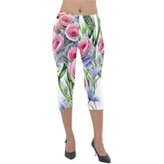 Captivating Coral Blooms Lightweight Velour Capri Leggings  by GardenOfOphir