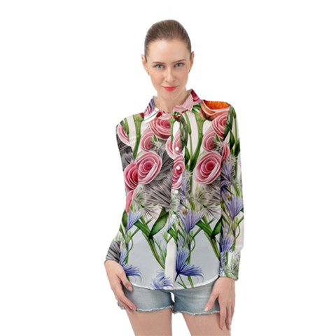 Captivating Coral Blooms Long Sleeve Chiffon Shirt by GardenOfOphir