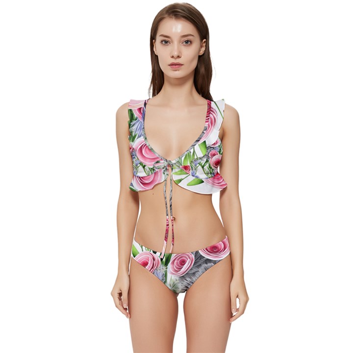 Captivating Coral Blooms Low Cut Ruffle Edge Bikini Set