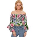 Captivating Coral Blooms Off Shoulder Flutter Bell Sleeve Top View1