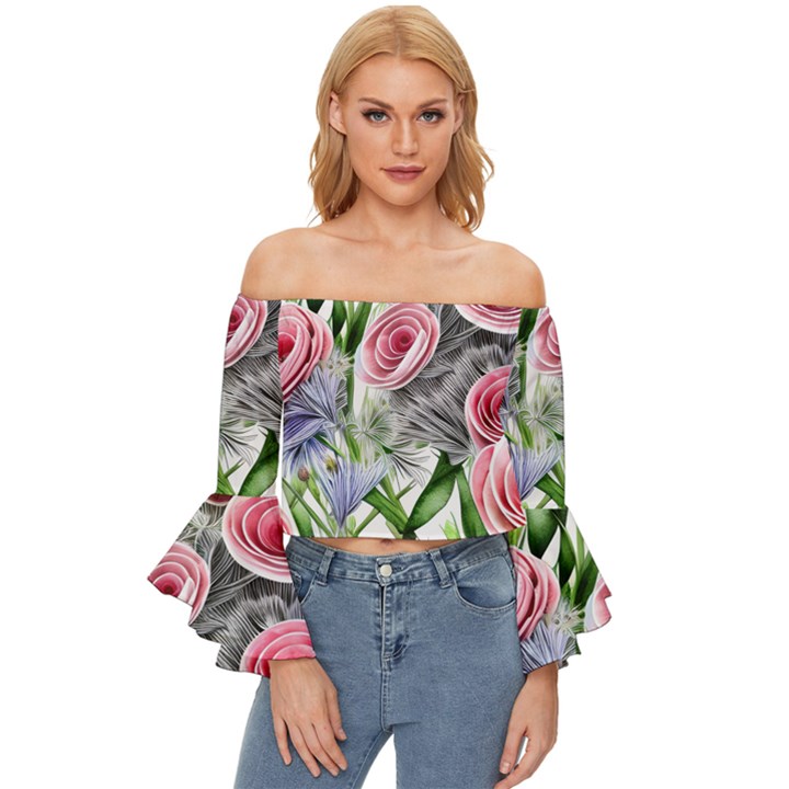 Captivating Coral Blooms Off Shoulder Flutter Bell Sleeve Top