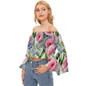 Captivating Coral Blooms Off Shoulder Flutter Bell Sleeve Top View2