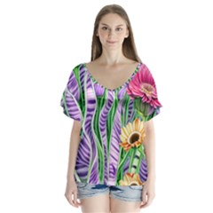 Beloved Bell-shaped Blossoms V-neck Flutter Sleeve Top by GardenOfOphir