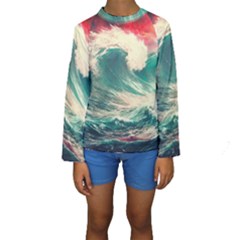 Storm Tsunami Waves Ocean Sea Nautical Nature Painting Kids  Long Sleeve Swimwear by Ravend