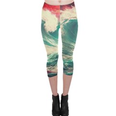 Storm Tsunami Waves Ocean Sea Nautical Nature Painting Capri Leggings  by Ravend