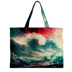 Storm Tsunami Waves Ocean Sea Nautical Nature Painting Zipper Mini Tote Bag by Ravend