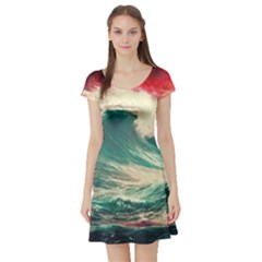 Storm Tsunami Waves Ocean Sea Nautical Nature Painting Short Sleeve Skater Dress by Ravend