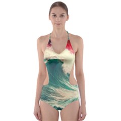 Storm Tsunami Waves Ocean Sea Nautical Nature Painting Cut-out One Piece Swimsuit by Ravend