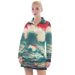 Storm Tsunami Waves Ocean Sea Nautical Nature Painting Women s Long Sleeve Casual Dress by Ravend