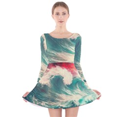 Storm Tsunami Waves Ocean Sea Nautical Nature Painting Long Sleeve Velvet Skater Dress by Ravend