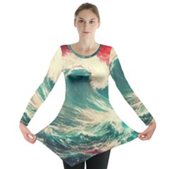 Storm Tsunami Waves Ocean Sea Nautical Nature Painting Long Sleeve Tunic  by Ravend