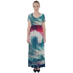 Storm Tsunami Waves Ocean Sea Nautical Nature Painting High Waist Short Sleeve Maxi Dress by Ravend