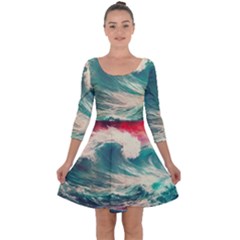 Storm Tsunami Waves Ocean Sea Nautical Nature Painting Quarter Sleeve Skater Dress by Ravend