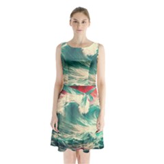 Storm Tsunami Waves Ocean Sea Nautical Nature Painting Sleeveless Waist Tie Chiffon Dress by Ravend