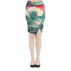 Storm Tsunami Waves Ocean Sea Nautical Nature Painting Midi Wrap Pencil Skirt by Ravend