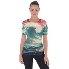 Storm Tsunami Waves Ocean Sea Nautical Nature Painting Shoulder Cut Out Short Sleeve Top by Ravend