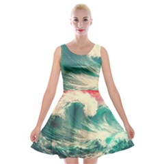 Storm Tsunami Waves Ocean Sea Nautical Nature Painting Velvet Skater Dress by Ravend