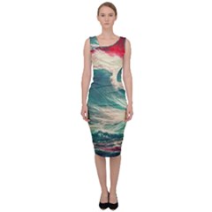 Storm Tsunami Waves Ocean Sea Nautical Nature Painting Sleeveless Pencil Dress by Ravend