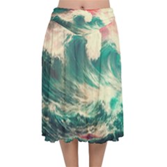 Storm Tsunami Waves Ocean Sea Nautical Nature Painting Velvet Flared Midi Skirt