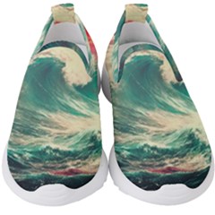 Storm Tsunami Waves Ocean Sea Nautical Nature Painting Kids  Slip On Sneakers by Ravend