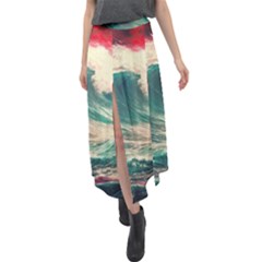 Storm Tsunami Waves Ocean Sea Nautical Nature Painting Velour Split Maxi Skirt by Ravend