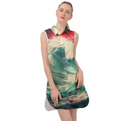 Storm Tsunami Waves Ocean Sea Nautical Nature Painting Sleeveless Shirt Dress by Ravend