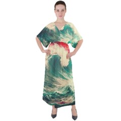 Storm Tsunami Waves Ocean Sea Nautical Nature Painting V-neck Boho Style Maxi Dress by Ravend