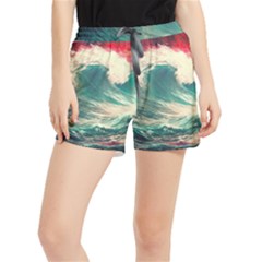 Storm Tsunami Waves Ocean Sea Nautical Nature Painting Women s Runner Shorts by Ravend