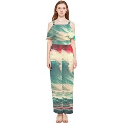 Storm Tsunami Waves Ocean Sea Nautical Nature Painting Draped Sleeveless Chiffon Jumpsuit by Ravend