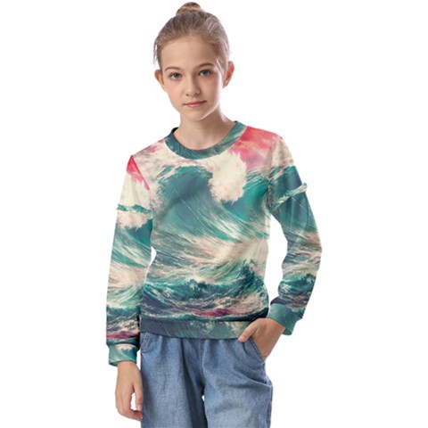 Storm Tsunami Waves Ocean Sea Nautical Nature Painting Kids  Long Sleeve Tee With Frill  by Ravend