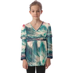 Storm Tsunami Waves Ocean Sea Nautical Nature Painting Kids  V Neck Casual Top by Ravend