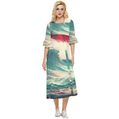 Storm Tsunami Waves Ocean Sea Nautical Nature Painting Double Cuff Midi Dress by Ravend